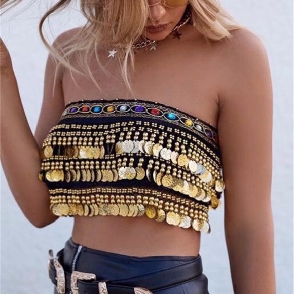 KOROBOV Tops - NEW! Super Cute Beaded/Coin Boho Tie Bandeau Top!!